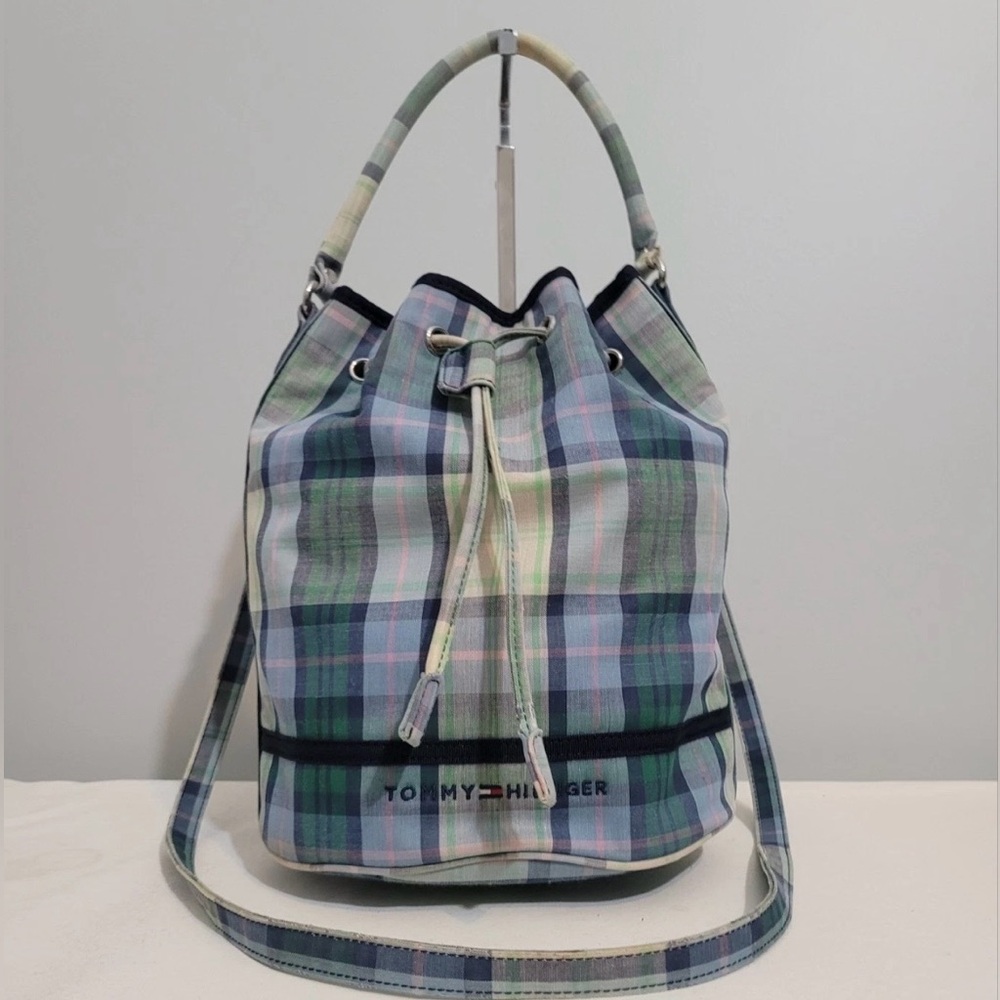 Vintage Tommy Hilfiger Plaid Drawstring Bucket Satchel Crossbody Bag Blue Green